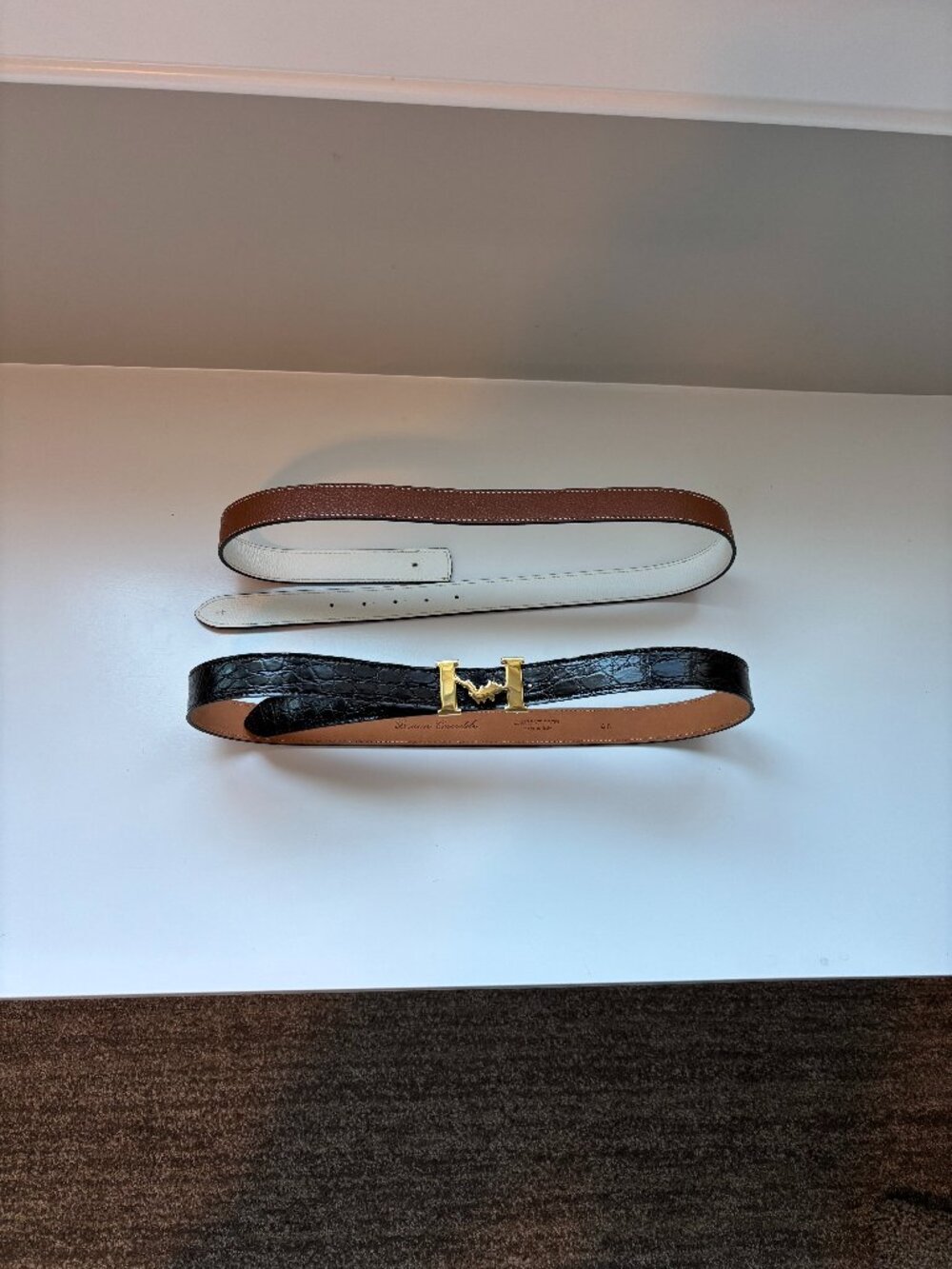 2 women's genuine leather belts with gold tone buckle